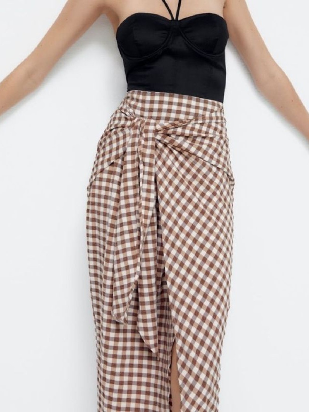 Zara Brown Gingham Tie-Front Midi Skirt